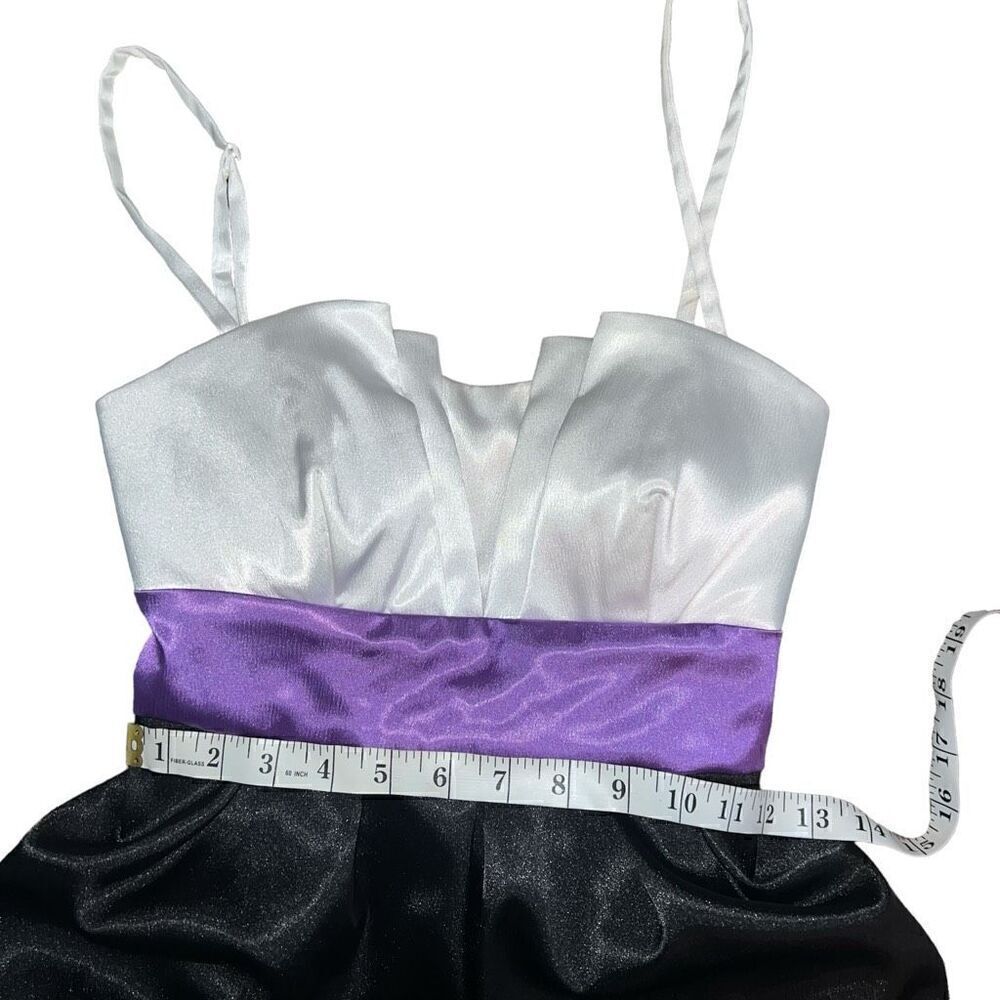 IZ BYER DRESS Color Block Junior Ruffle White Purple Black Tie Back Dress Size 5 - Picture 6 of 8